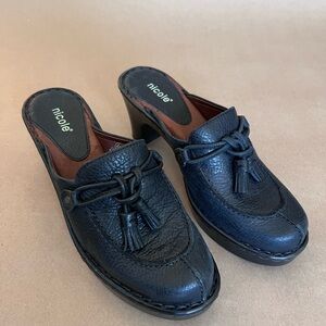 Black Genuine Leather Heeled Slip On Clogs Tassels Women’s US 8 M